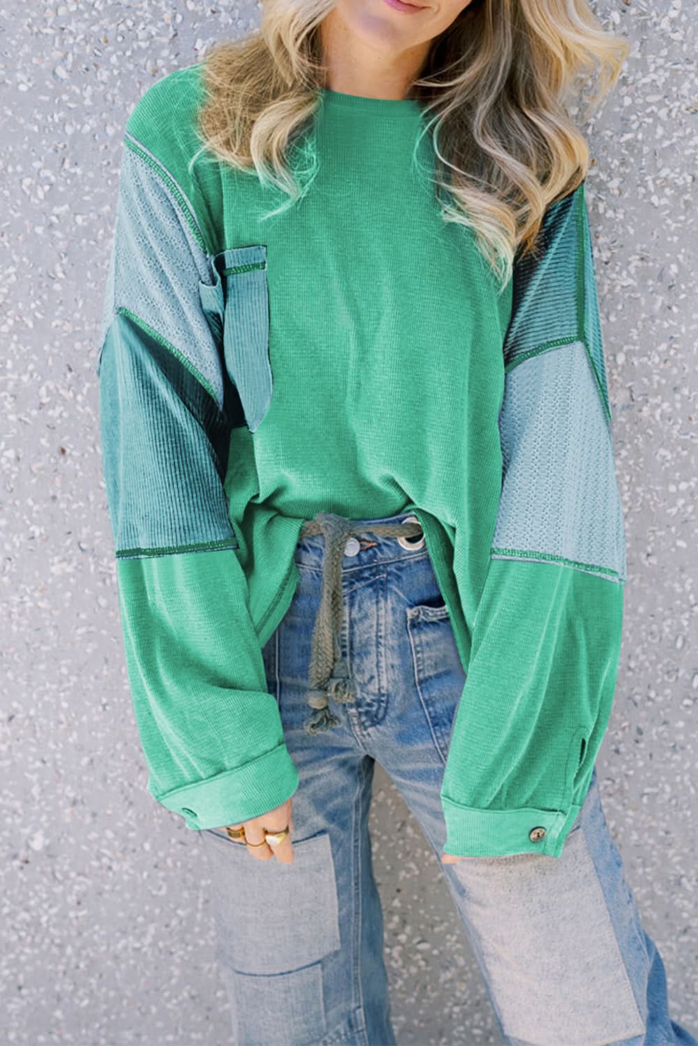 Green Colorblock Stitching Patchwork Buttoned Long Sleeve Top - Love Salve