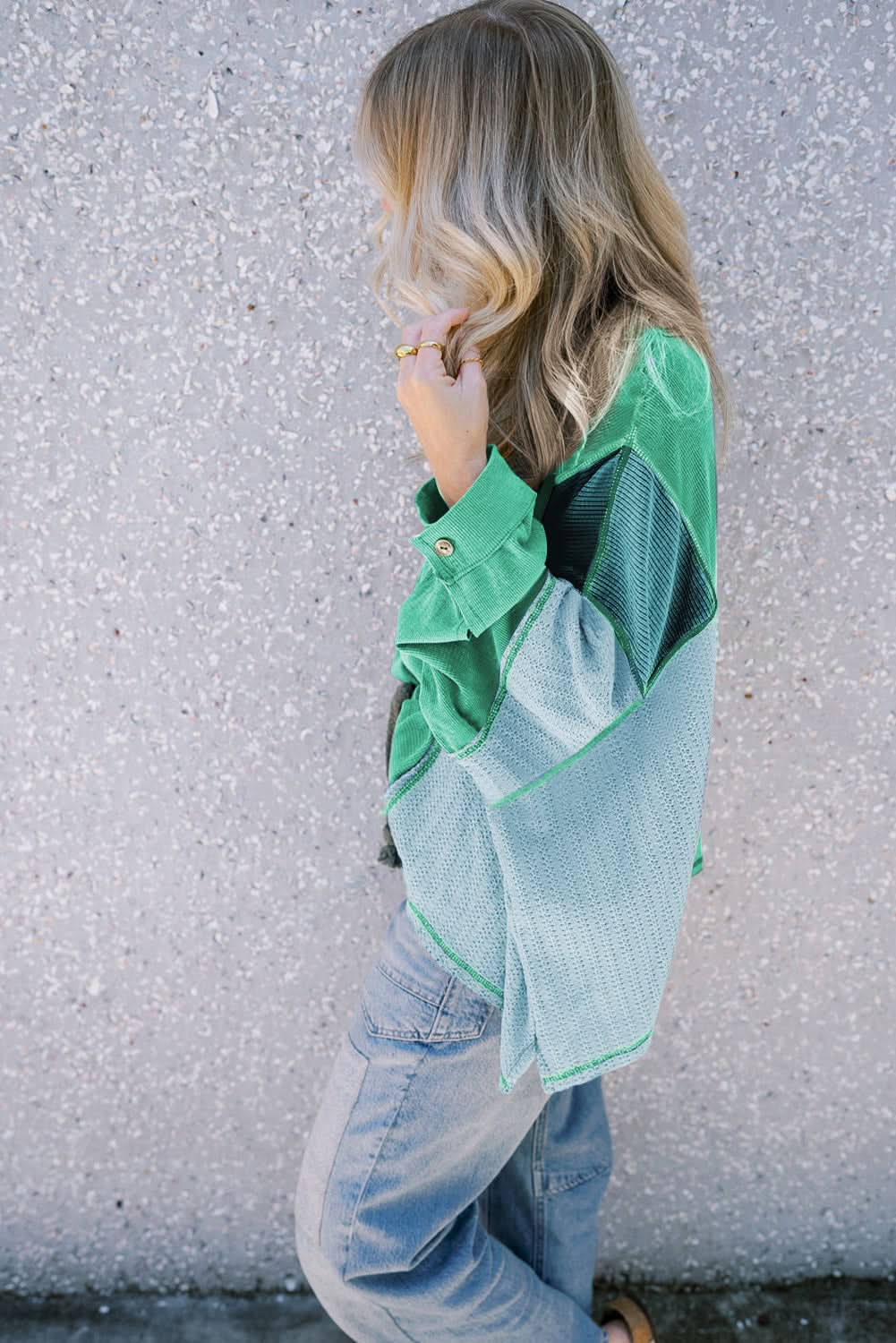 Green Colorblock Stitching Patchwork Buttoned Long Sleeve Top - Love Salve
