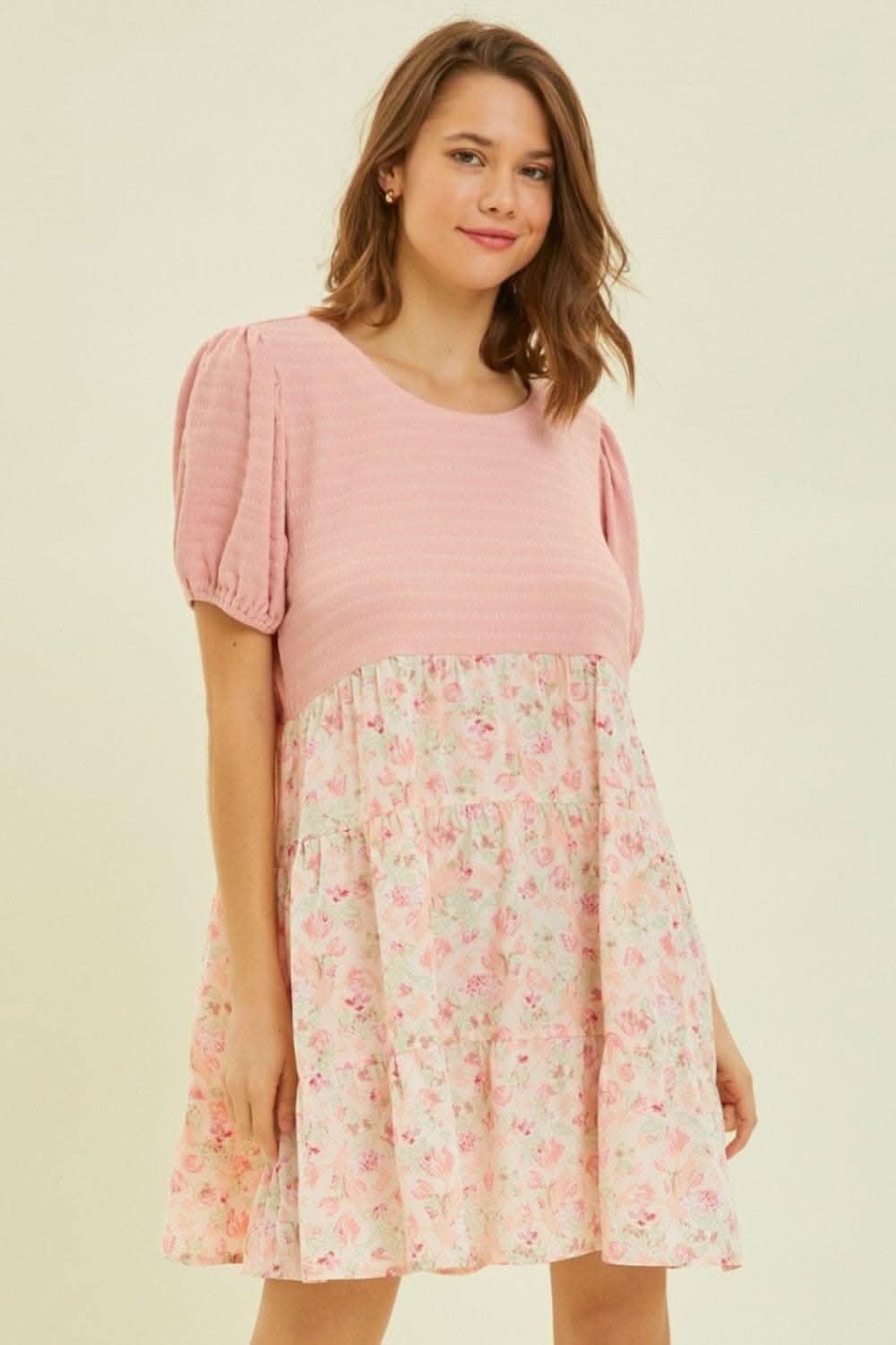 HEYSON Full Size Round Neck Floral Ruffle Hem Mini Dress - Love Salve