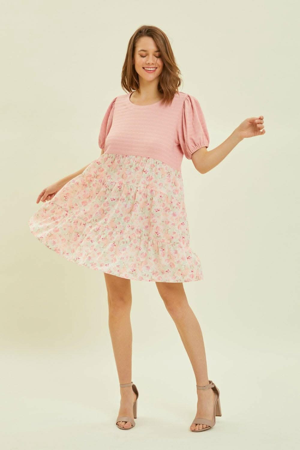 HEYSON Full Size Round Neck Floral Ruffle Hem Mini Dress - Love Salve
