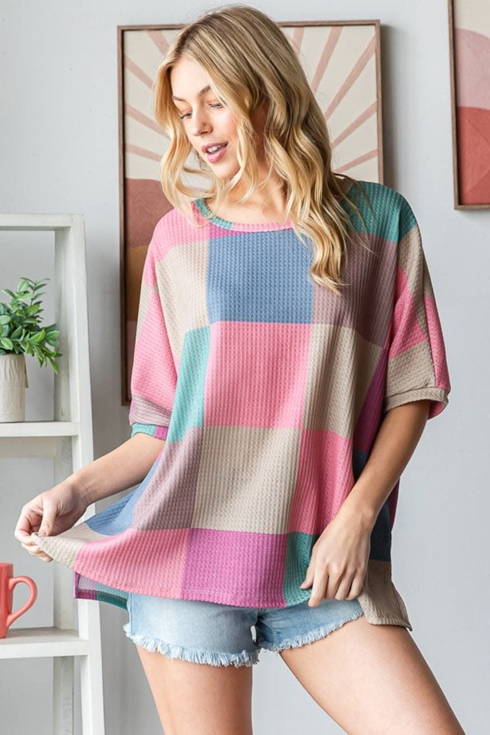 HOPELY Full Size Checkered Round Neck Side Slit T-Shirt - Love Salve