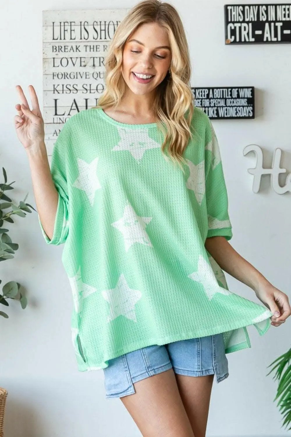 HOPELY Star Pattern Oversized Waffle T-Shirt - Love Salve