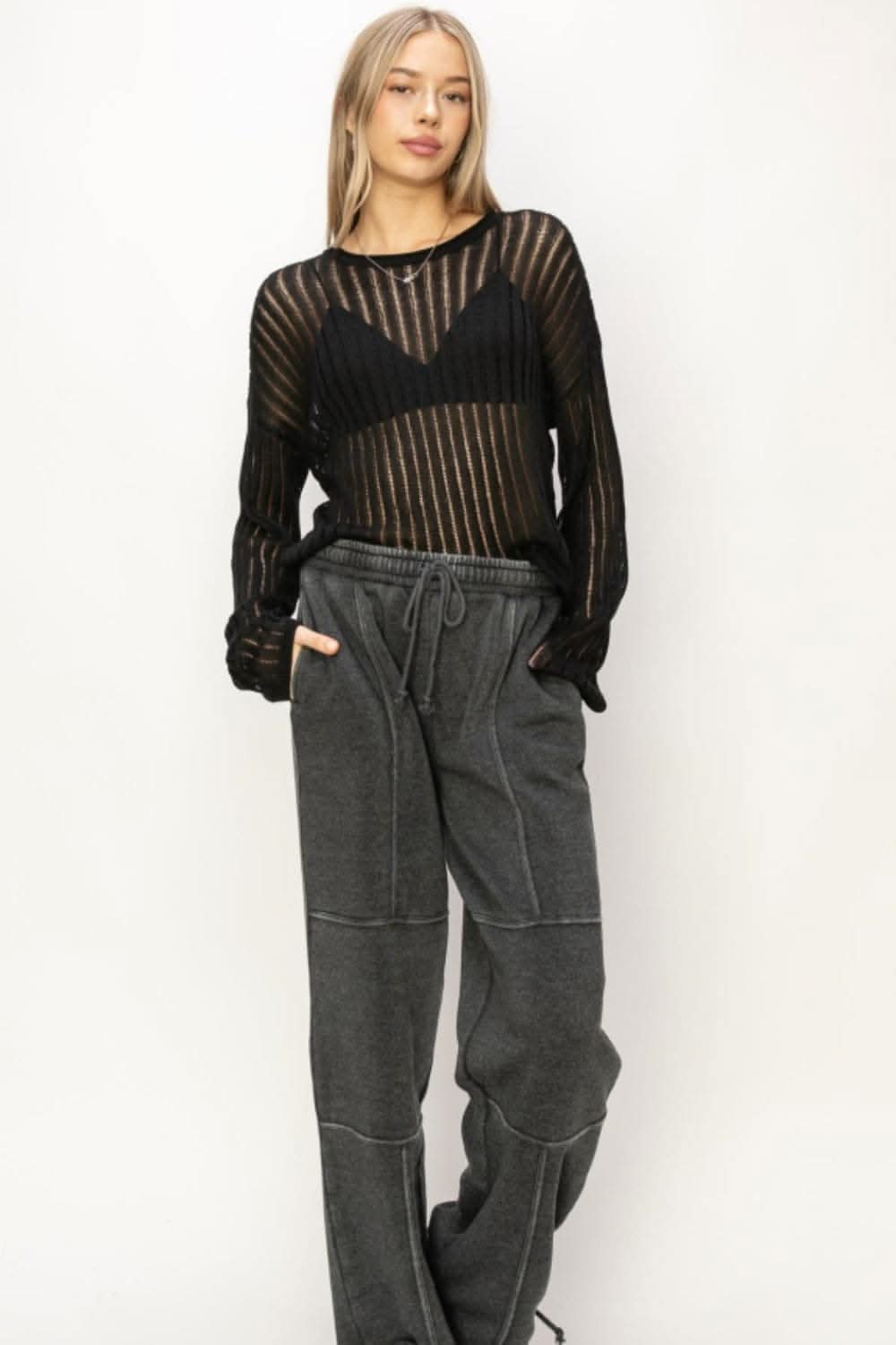 HYFVE Openwork Ribbed Long Sleeve Knit Top - Love Salve