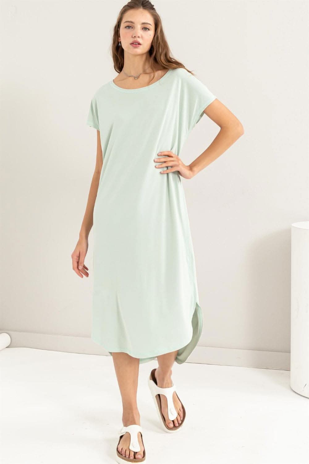HYFVE Short Sleeve High-Low Slit Midi Dress Chic Style - Love Salve