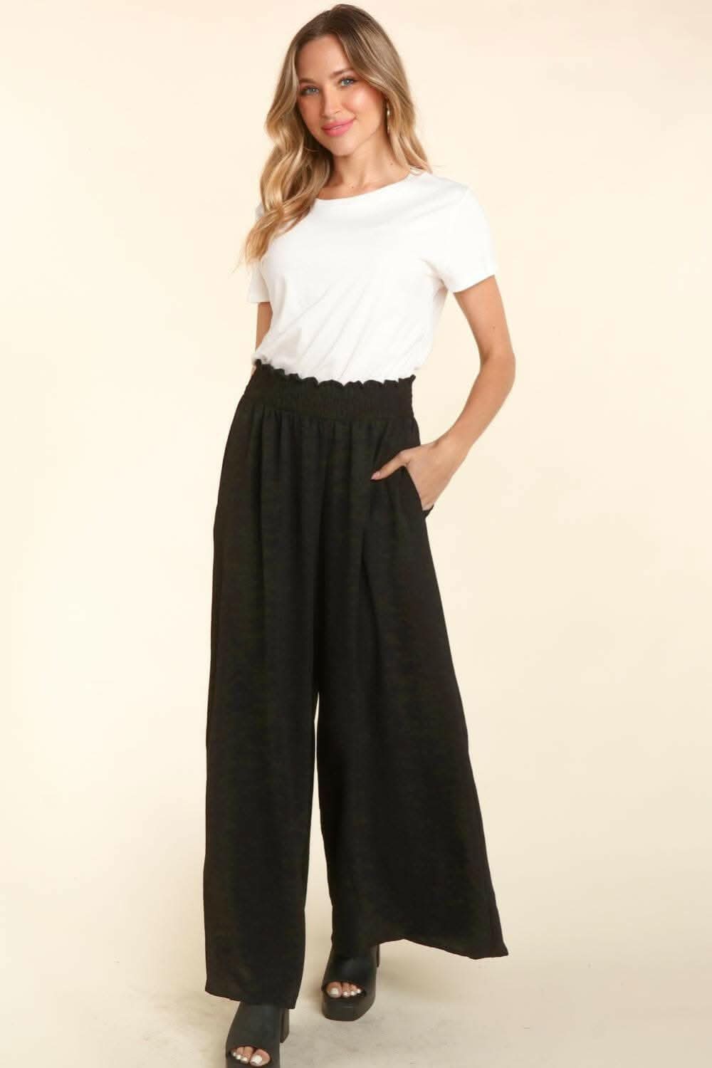 Haptics Elastic Waist Wide Leg Pants with Pockets - Love Salve