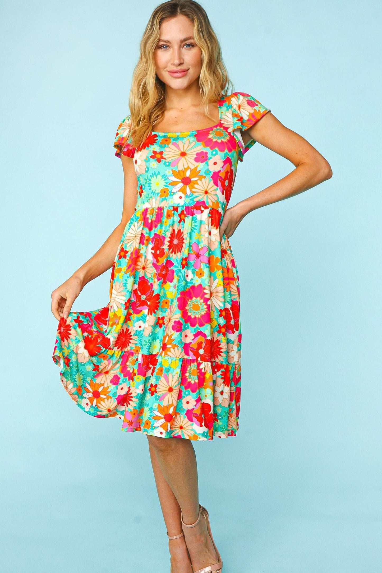 Haptics Floral Square Neck Short Sleeve Dress Charm - Love Salve