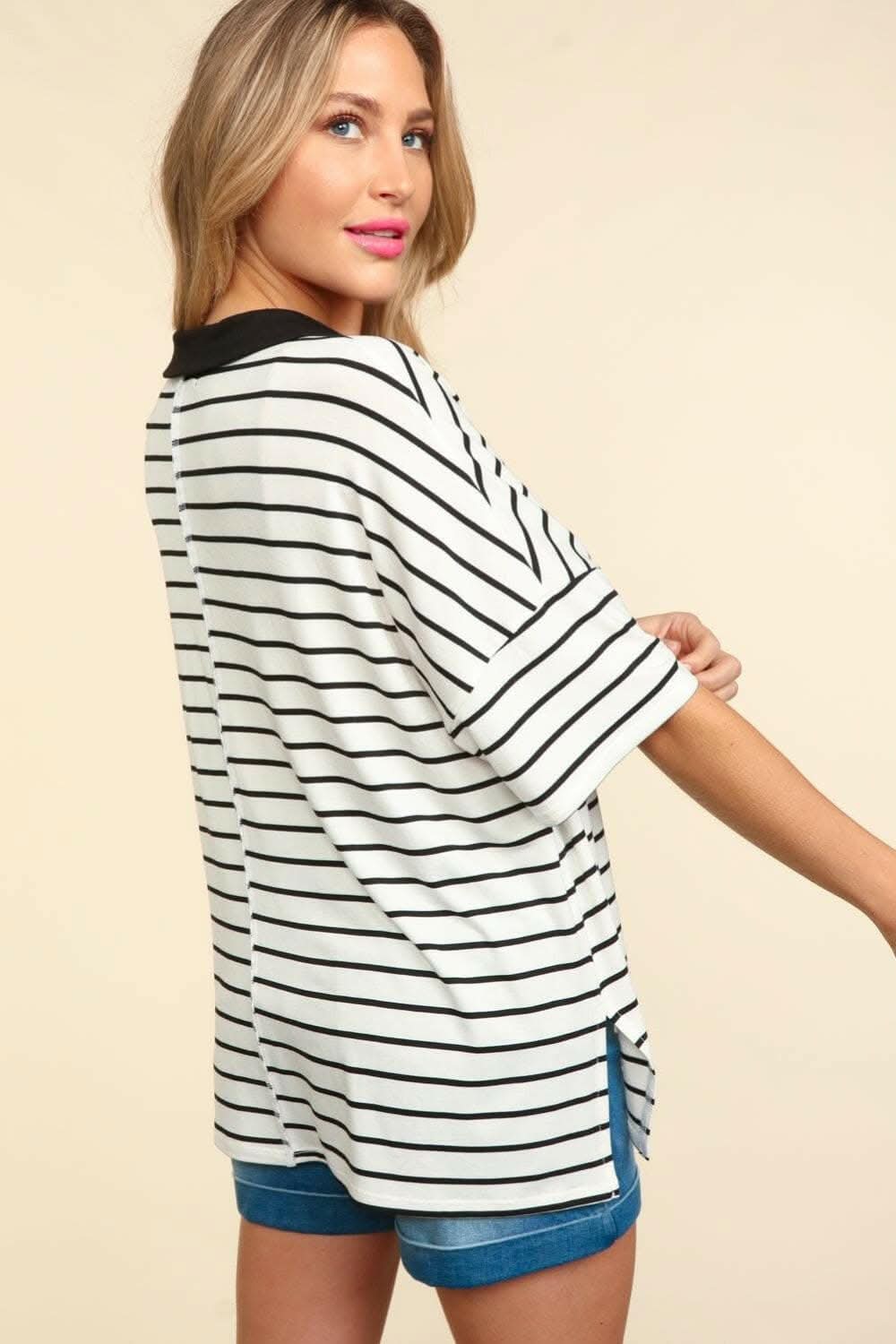 Haptics Full Size Striped Dropped Shoulder Half Sleeve T-Shirt - Love Salve