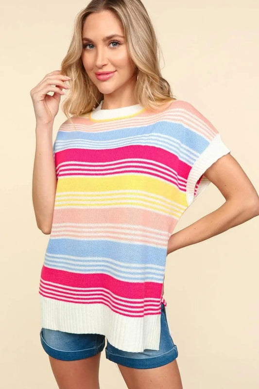 Haptics Striped Side Slit Short Sleeve Knit Top - Love Salve