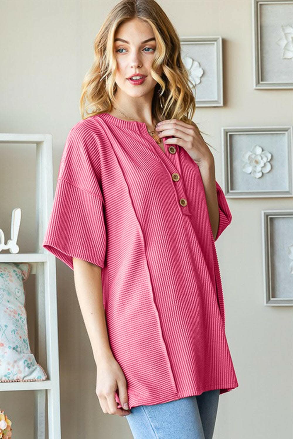 Heimish Full Size Ribbed Half Button Drop Shoulder Top - Love Salve