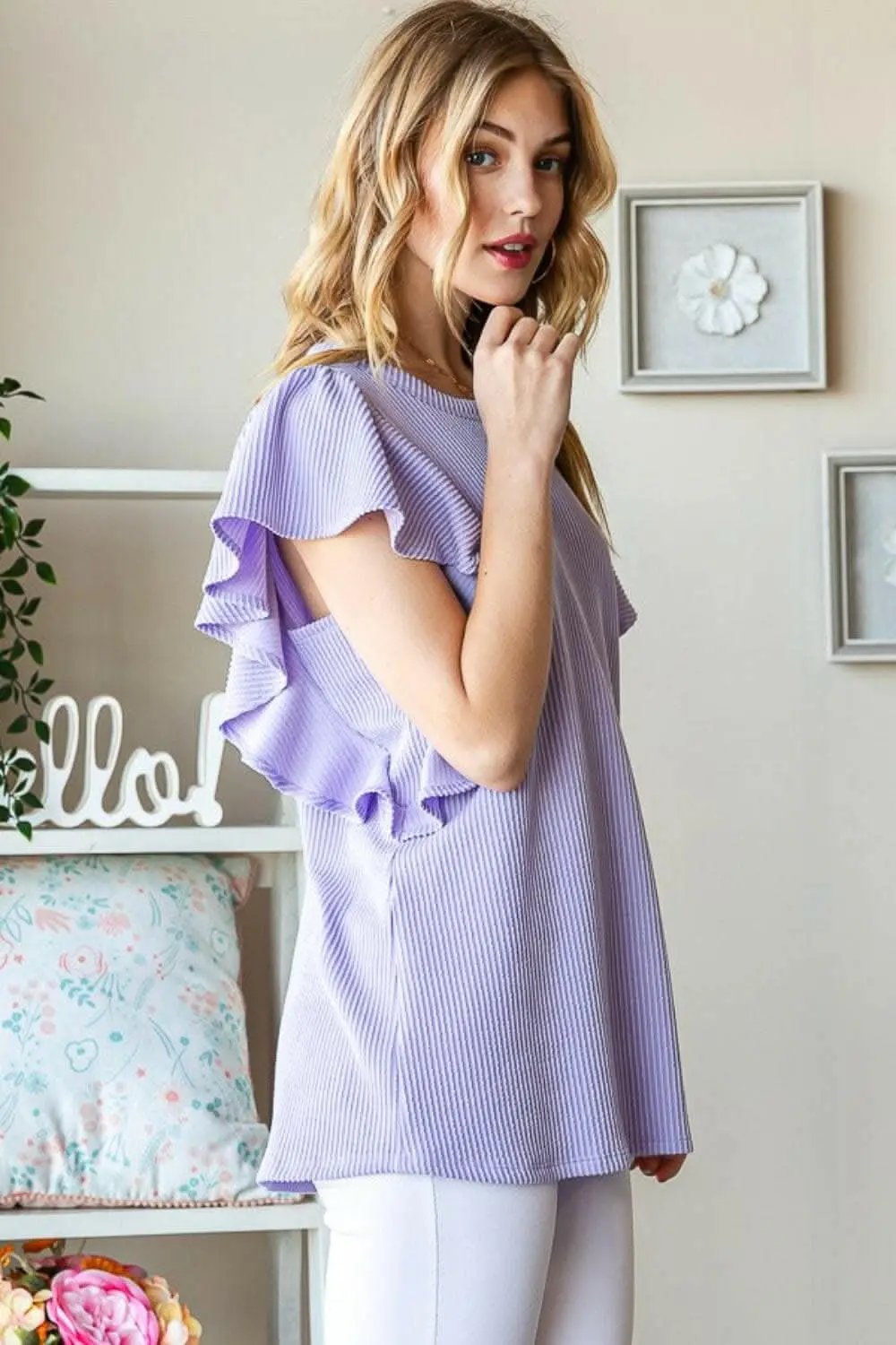 Heimish Full Size Ruffled Sleeve Ribbed Top - Love Salve