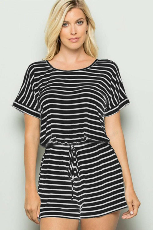 Heimish Full Size Striped Round Neck Short Sleeve Romper - Love Salve