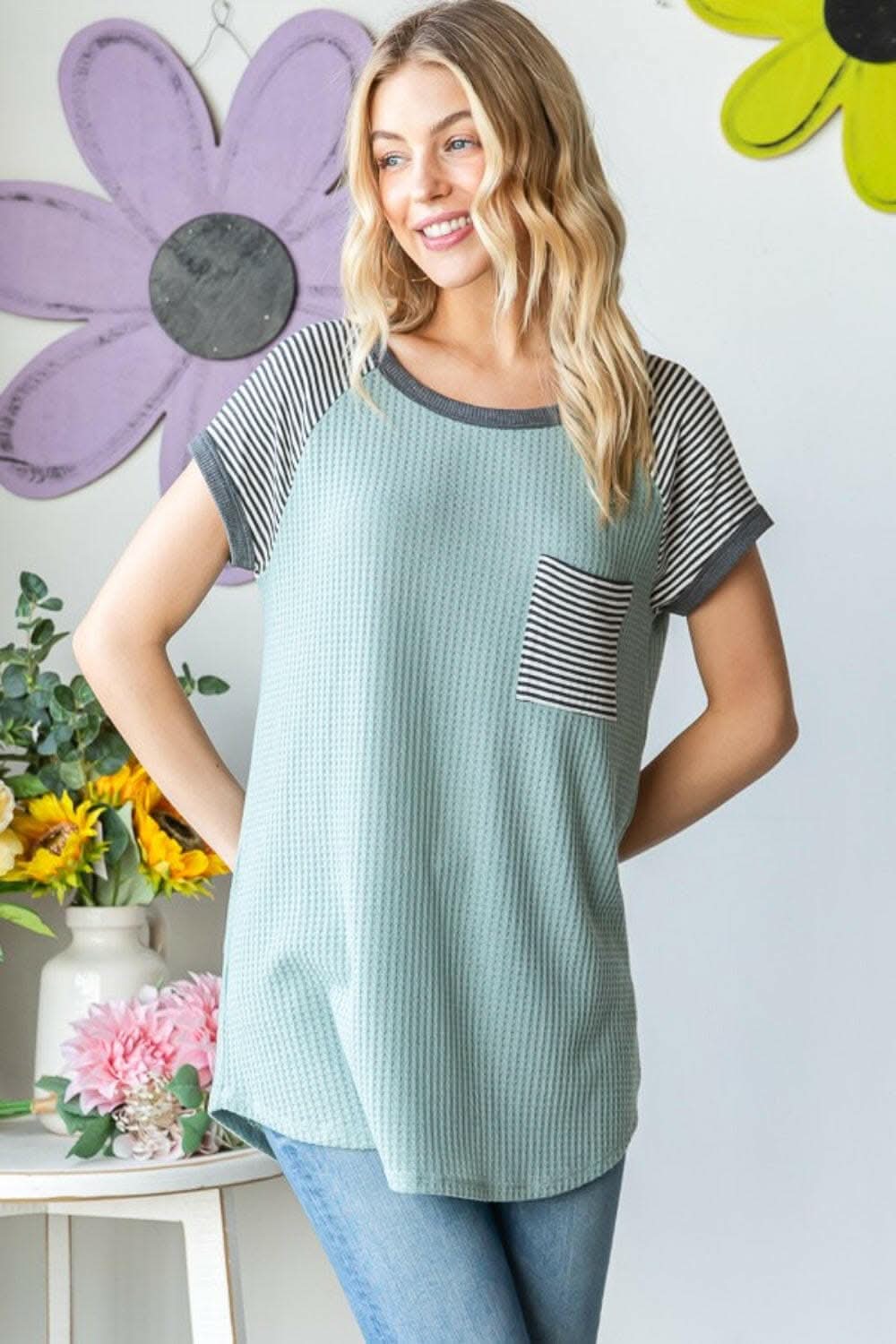 Heimish Full Size Striped Short Sleeve Waffle T-Shirt - Love Salve