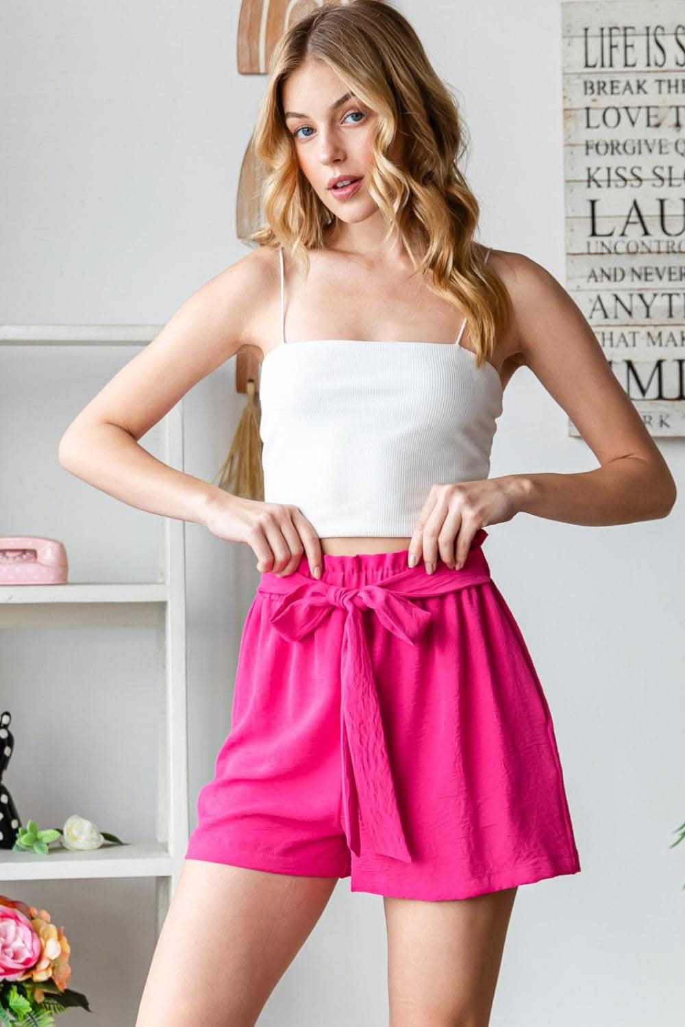 Heimish Full Size Texture High Waist Tied Shorts - Love Salve