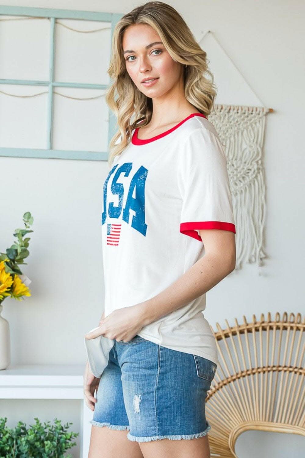 Heimish Full Size USA Contrast Trim Short Sleeve T-Shirt - Love Salve