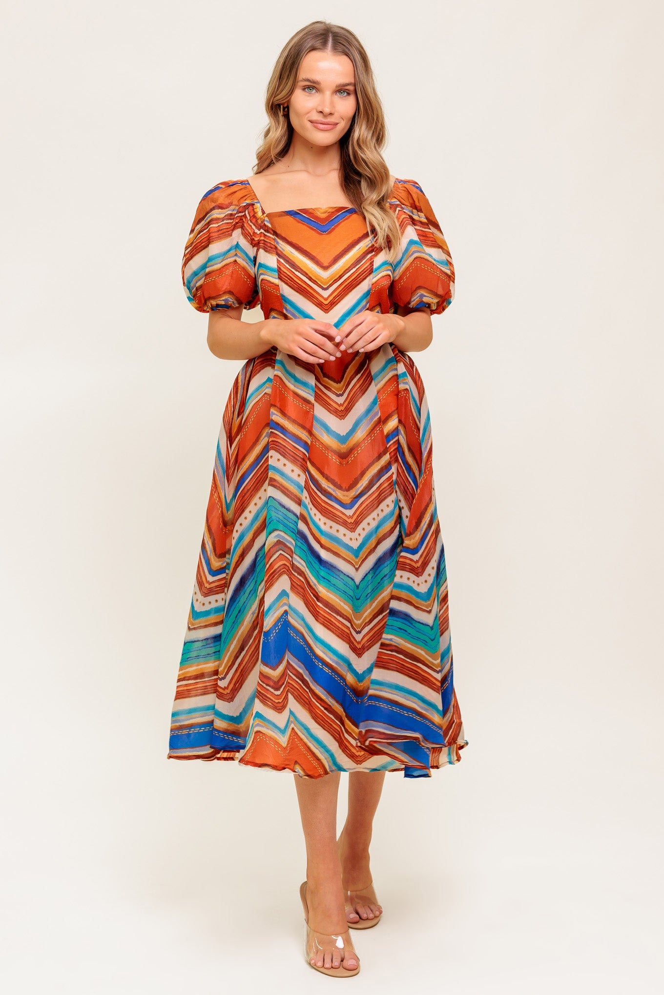 Printed Woven Midi Dress With Square Neck And Puff Sleeves