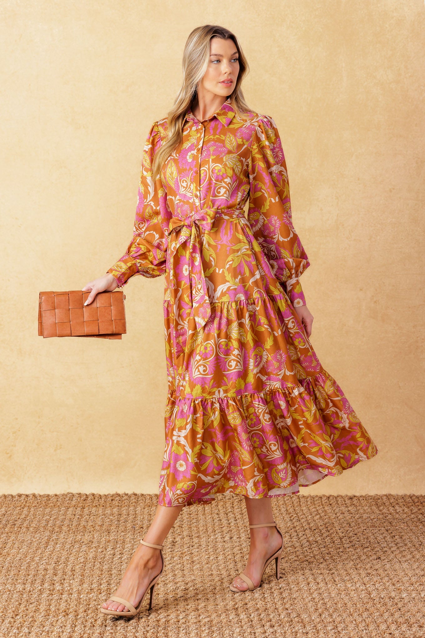 FLORAL EMBRACE WOVEN MIDI DRESS