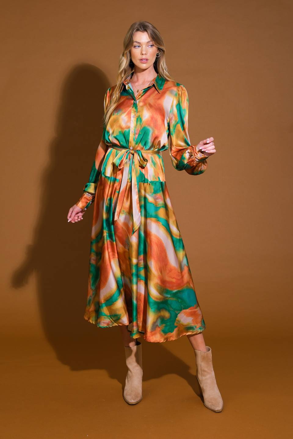 Wanna Be Loved Printed Woven Midi Dress Shirt Collar