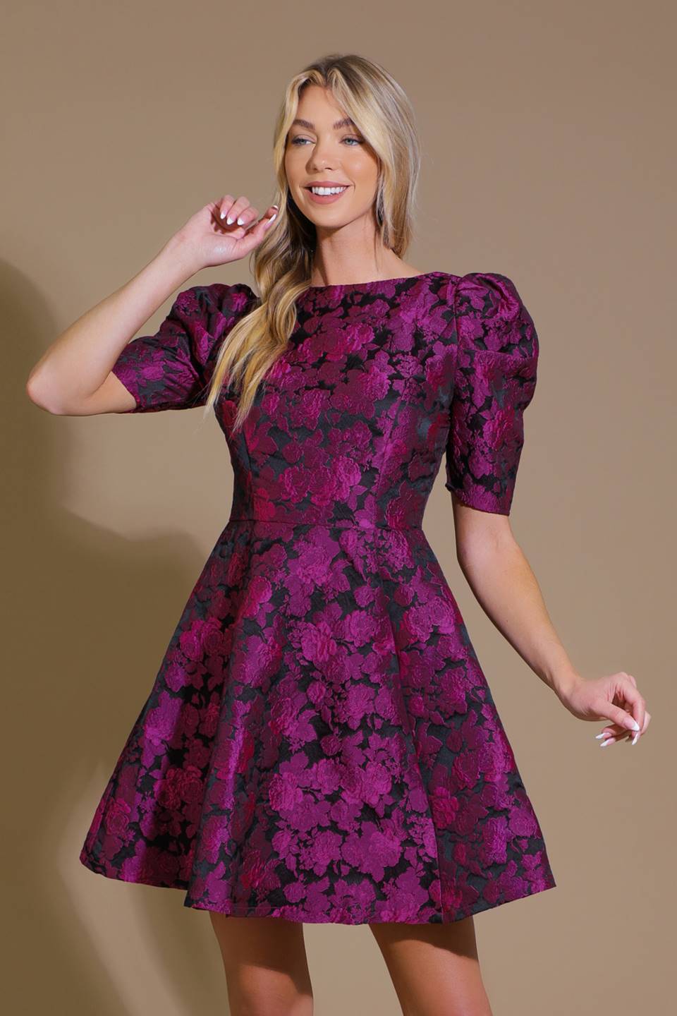 True Lover Woven Jacquard Mini Dress With Puff Sleeves