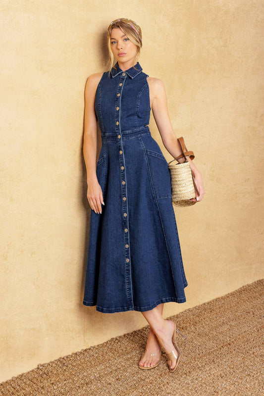 TIME FOR SOMETHING DENIM MIDI DRESS Flying Tomato
