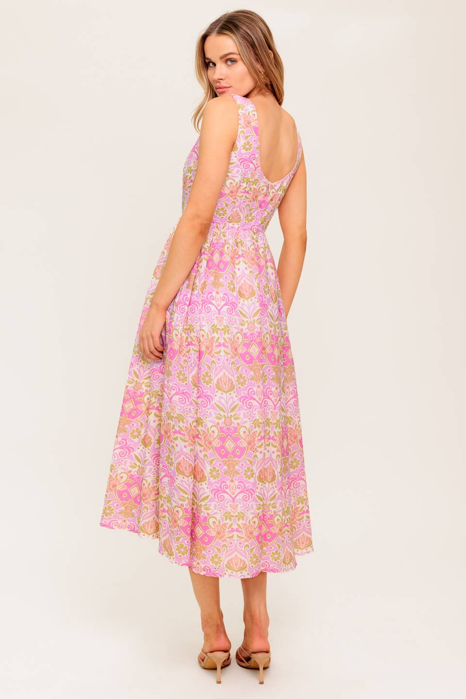 UNDER THE SUN PINK WOVEN MIDI DRESS