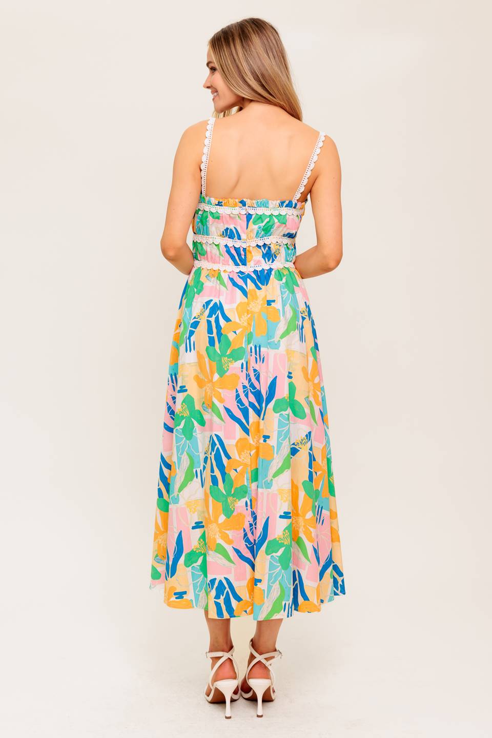 SUNLIT GARDEN PINK BLUE WOVEN MIDI DRESS