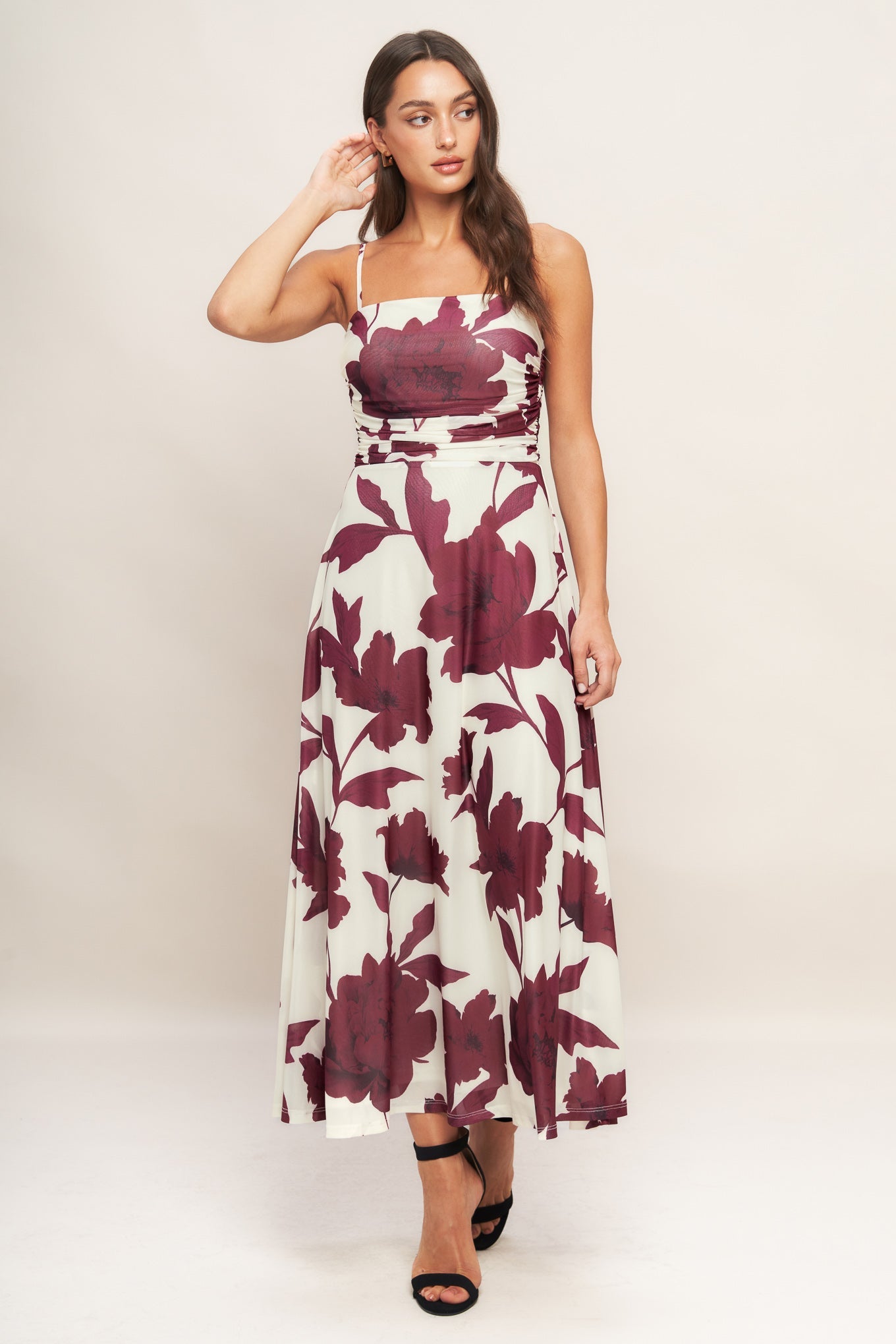 WINE BLOOM POWER MESH MIDI DRESS