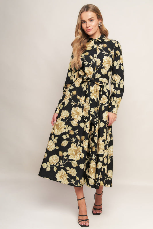 MIDNIGHT BLOOM BLACK WOVEN MIDI DRESS Flying Tomato