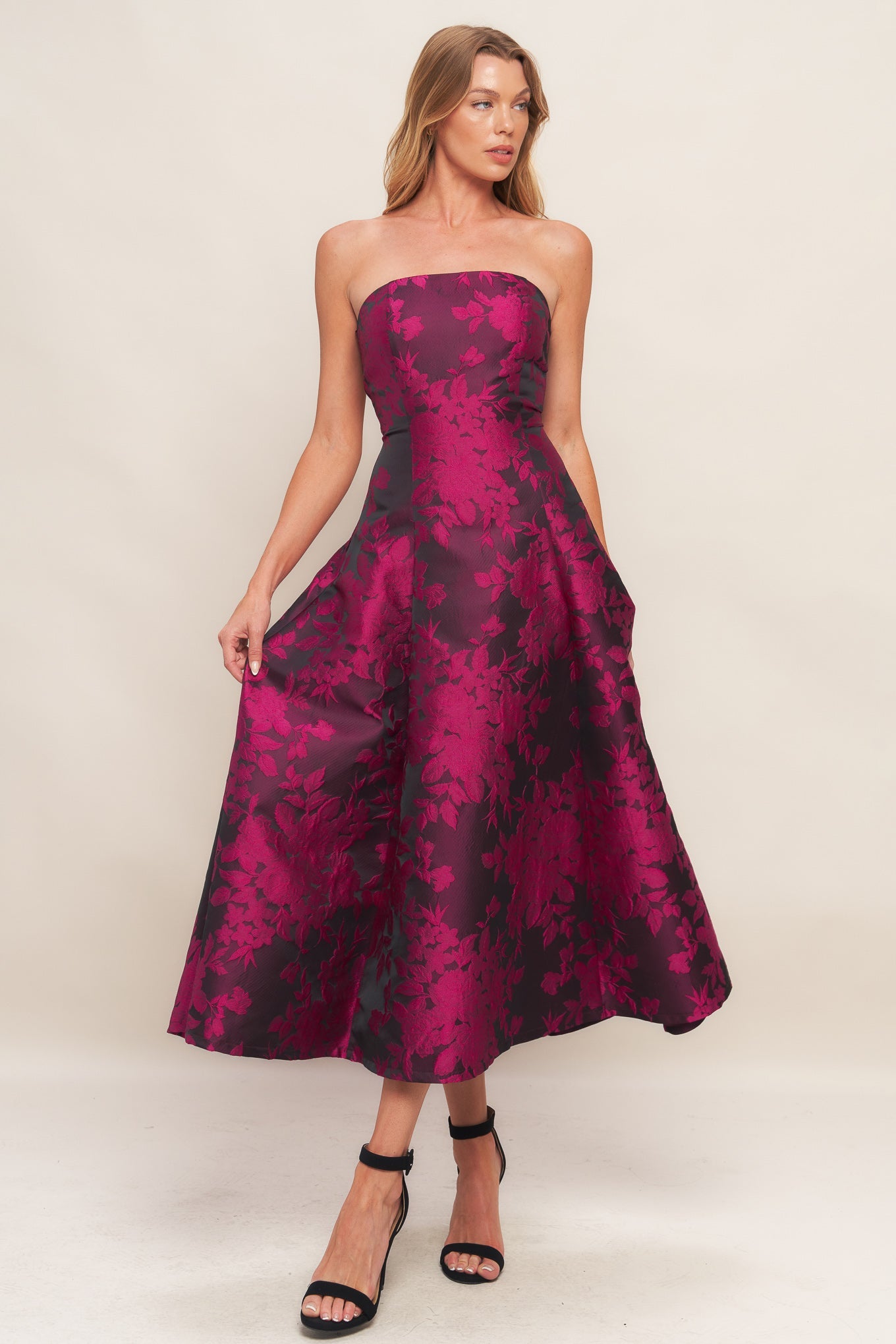 BLACK ROSE AFFAIR WOVEN JACQUARD MIDI DRESS