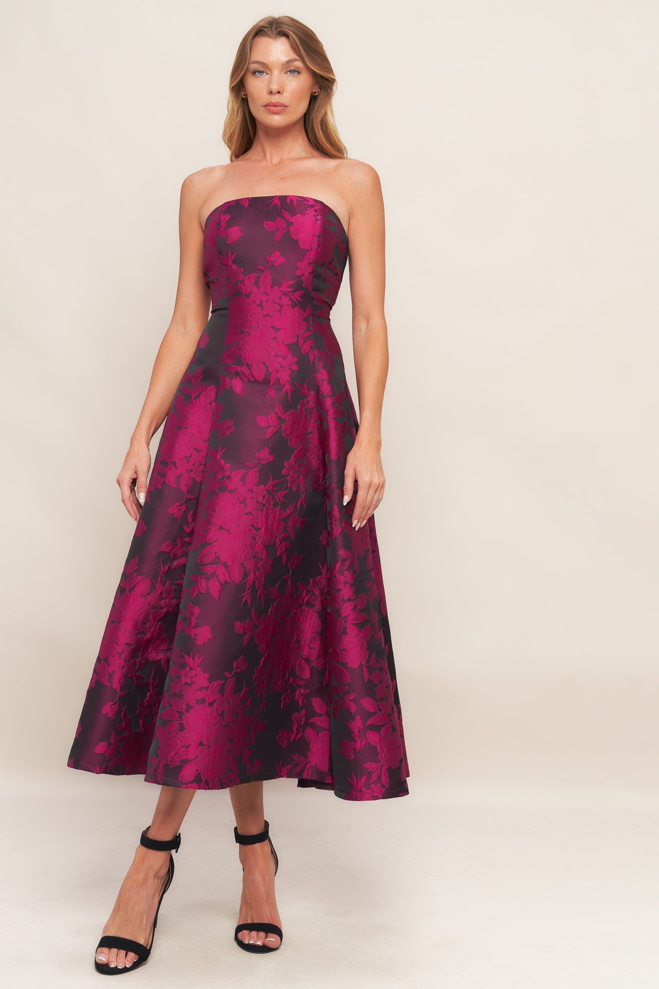 BLACK ROSE AFFAIR WOVEN JACQUARD MIDI DRESS
