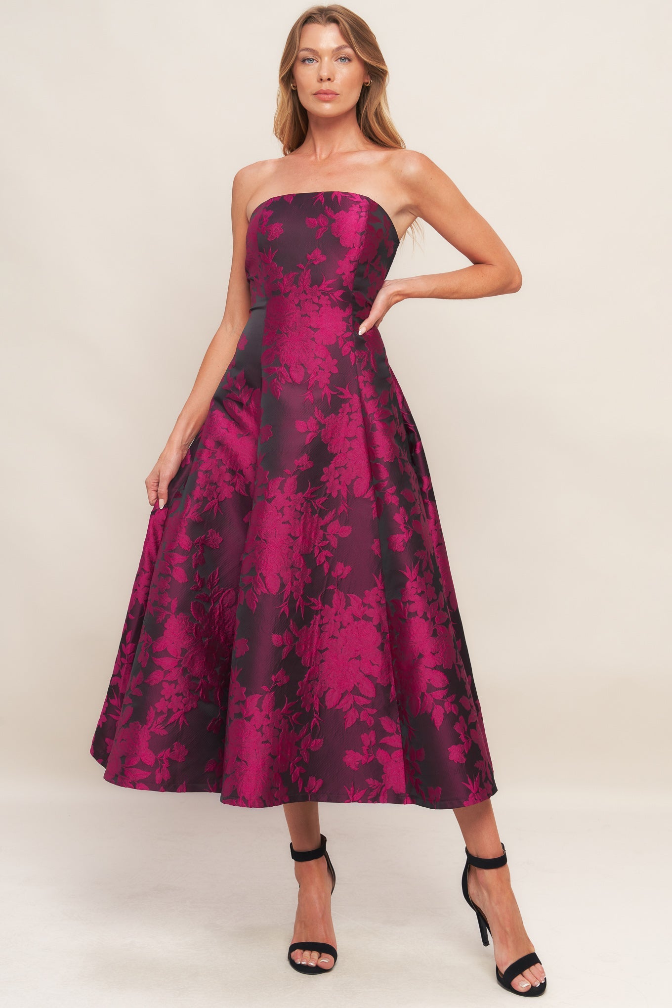 BLACK ROSE AFFAIR WOVEN JACQUARD MIDI DRESS