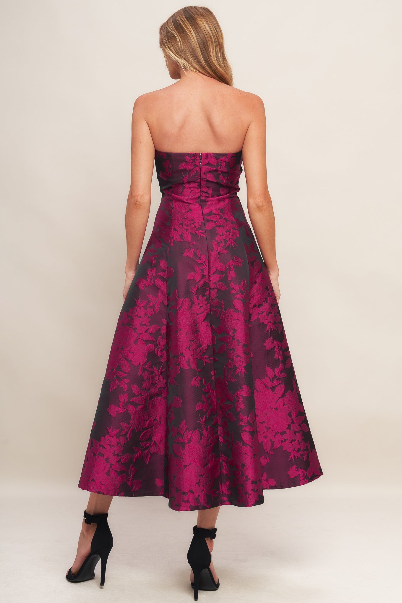 BLACK ROSE AFFAIR WOVEN JACQUARD MIDI DRESS