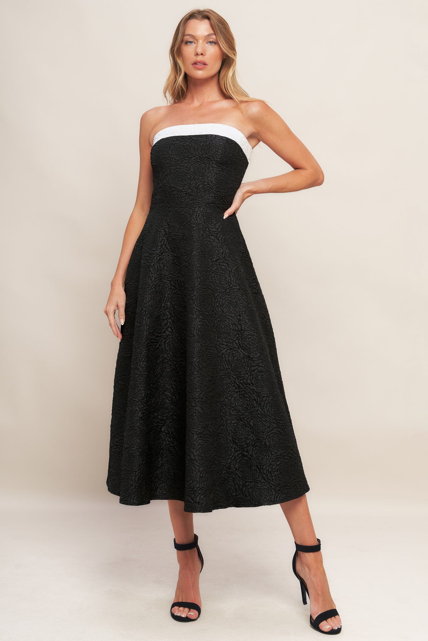 MIDNIGHT GRACE WOVEN MIDI DRESS