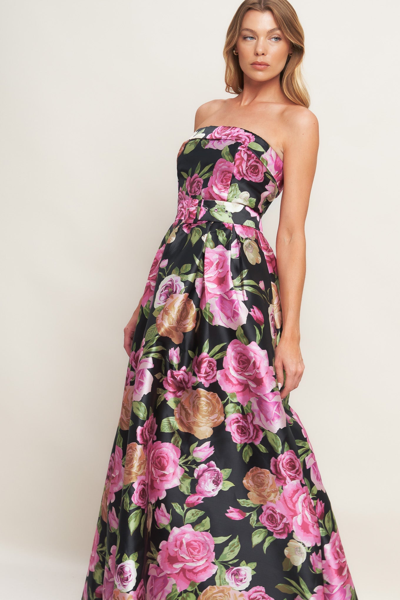Glamour Garden Printed Strapless Maxi Dress Back Zipper