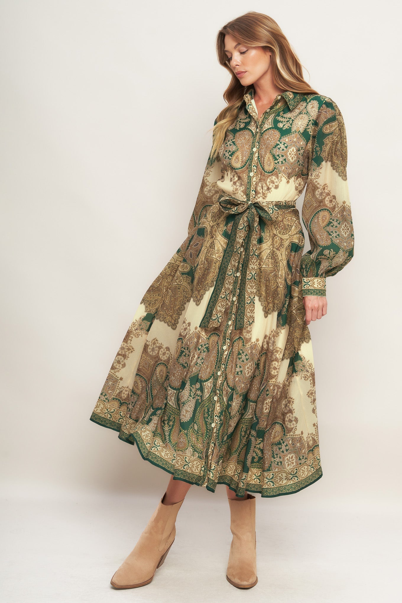 Lovely Golden Vision Woven Midi Dress Collar Button Down