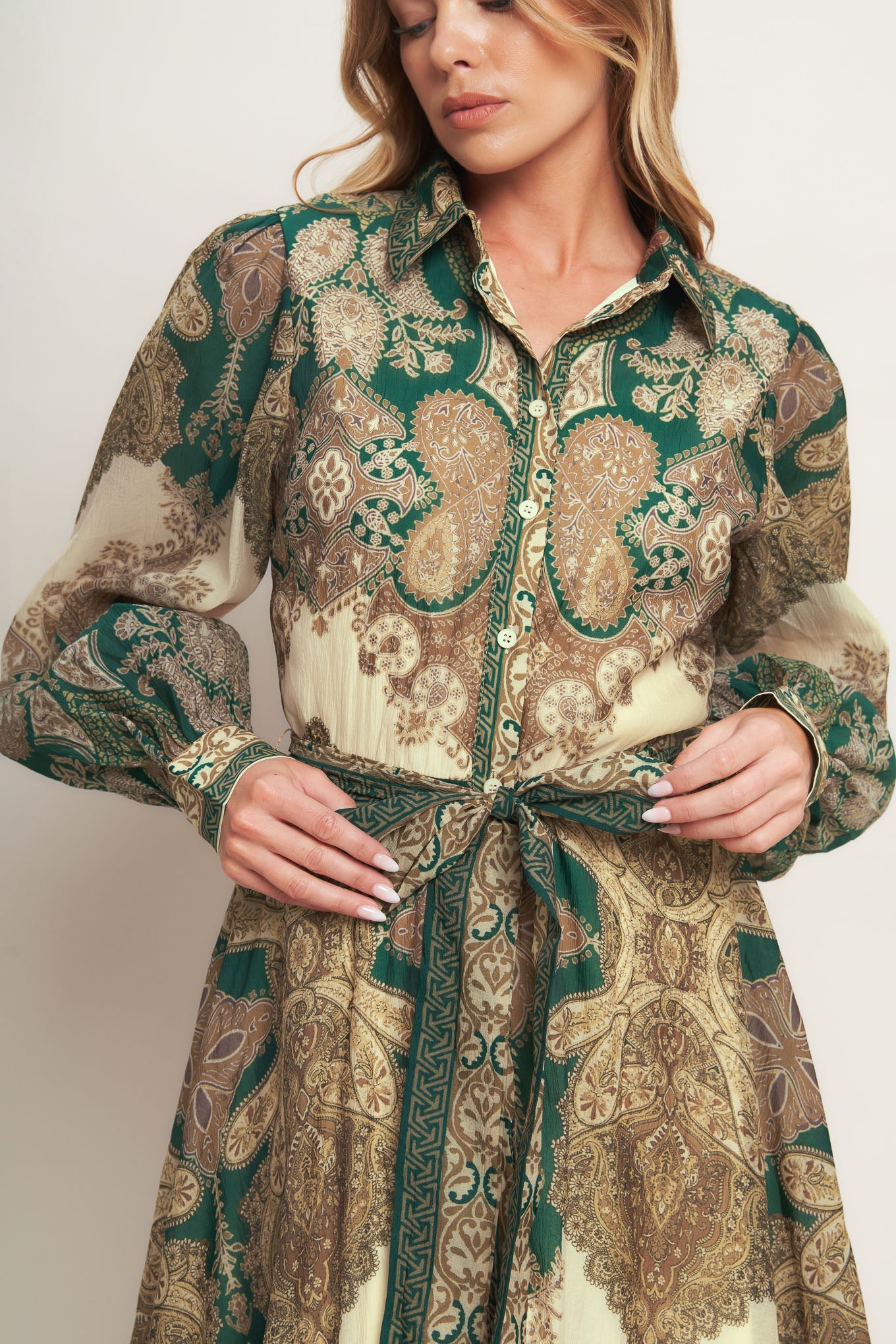 Lovely Golden Vision Woven Midi Dress Collar Button Down