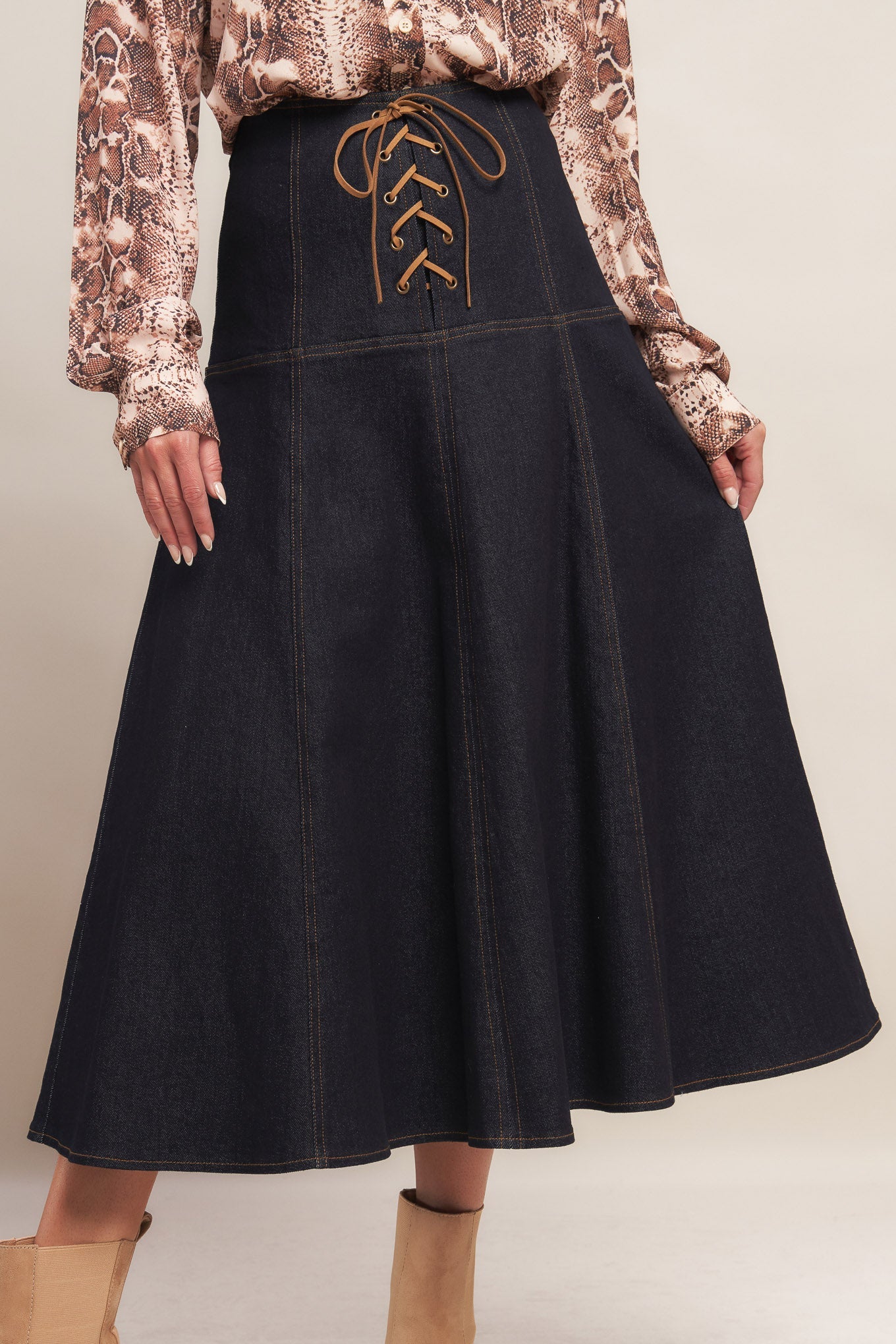 WESTERN MUSE DARK INDIGO DENIM MIDI SKIRT