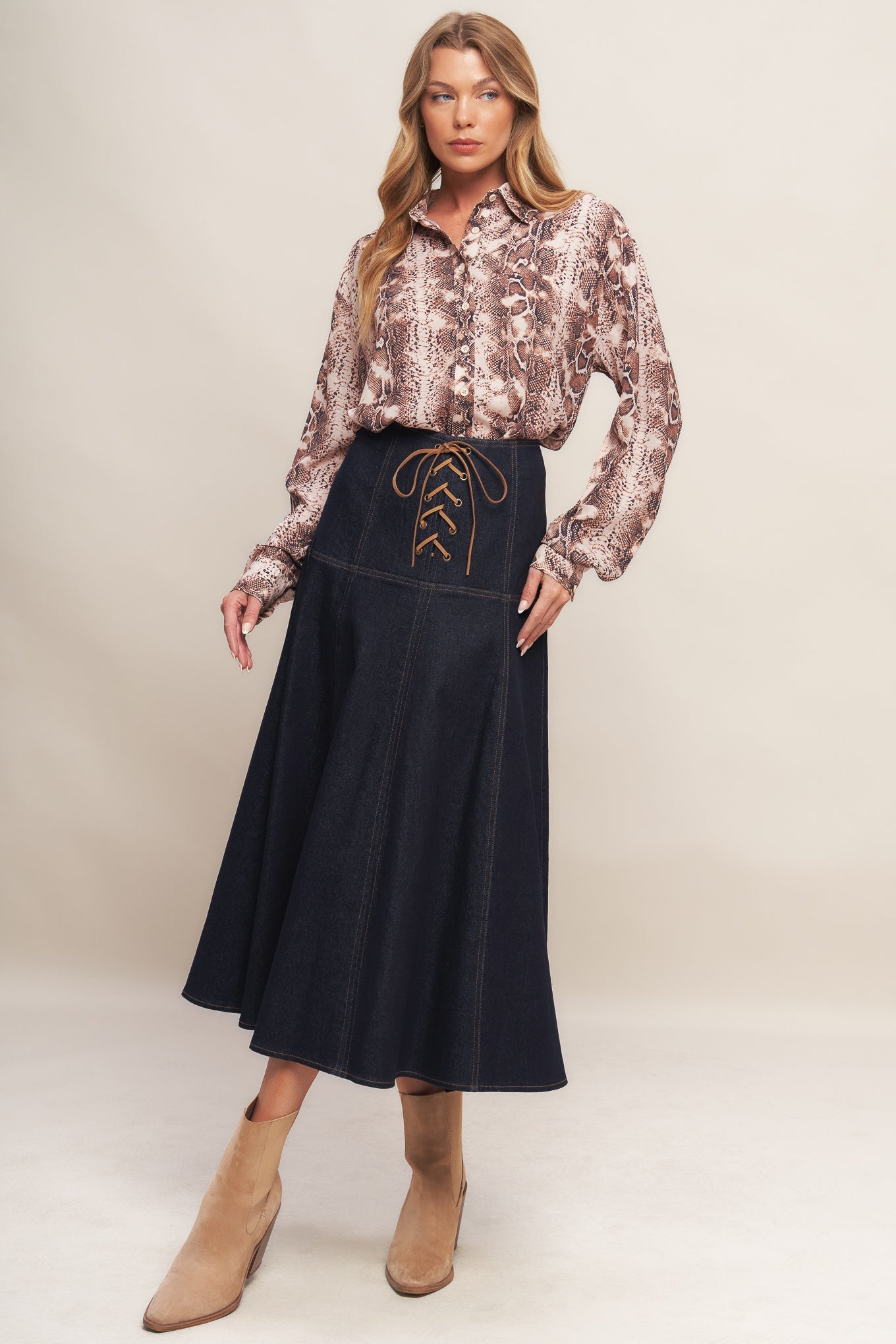 WESTERN MUSE DARK INDIGO DENIM MIDI SKIRT