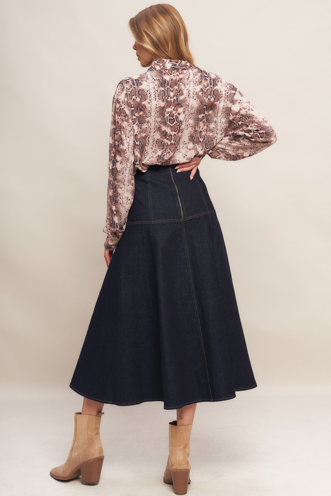 WESTERN MUSE DARK INDIGO DENIM MIDI SKIRT