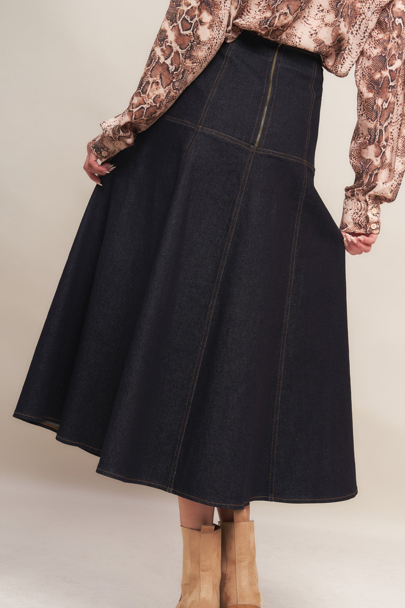 WESTERN MUSE DARK INDIGO DENIM MIDI SKIRT