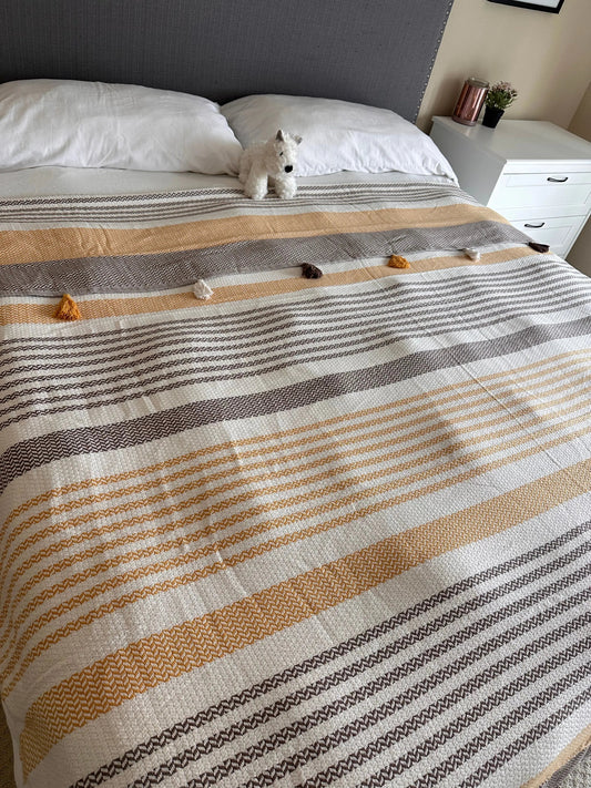 Cotton Brown Pom Pom Bedspread 110 x 118 Inches - Love Salve