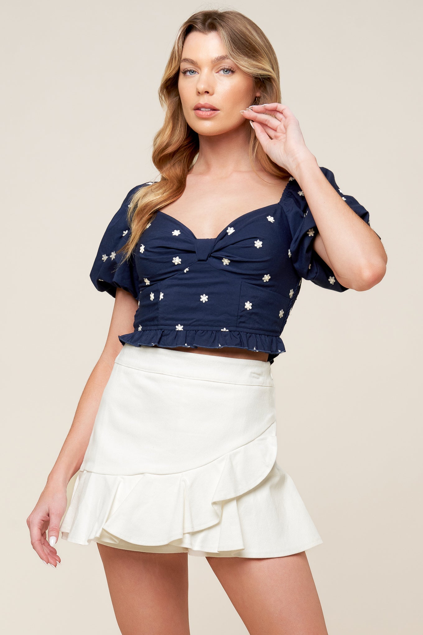 Bebe Alert Navy Embroidered Woven Top With Sweetheart