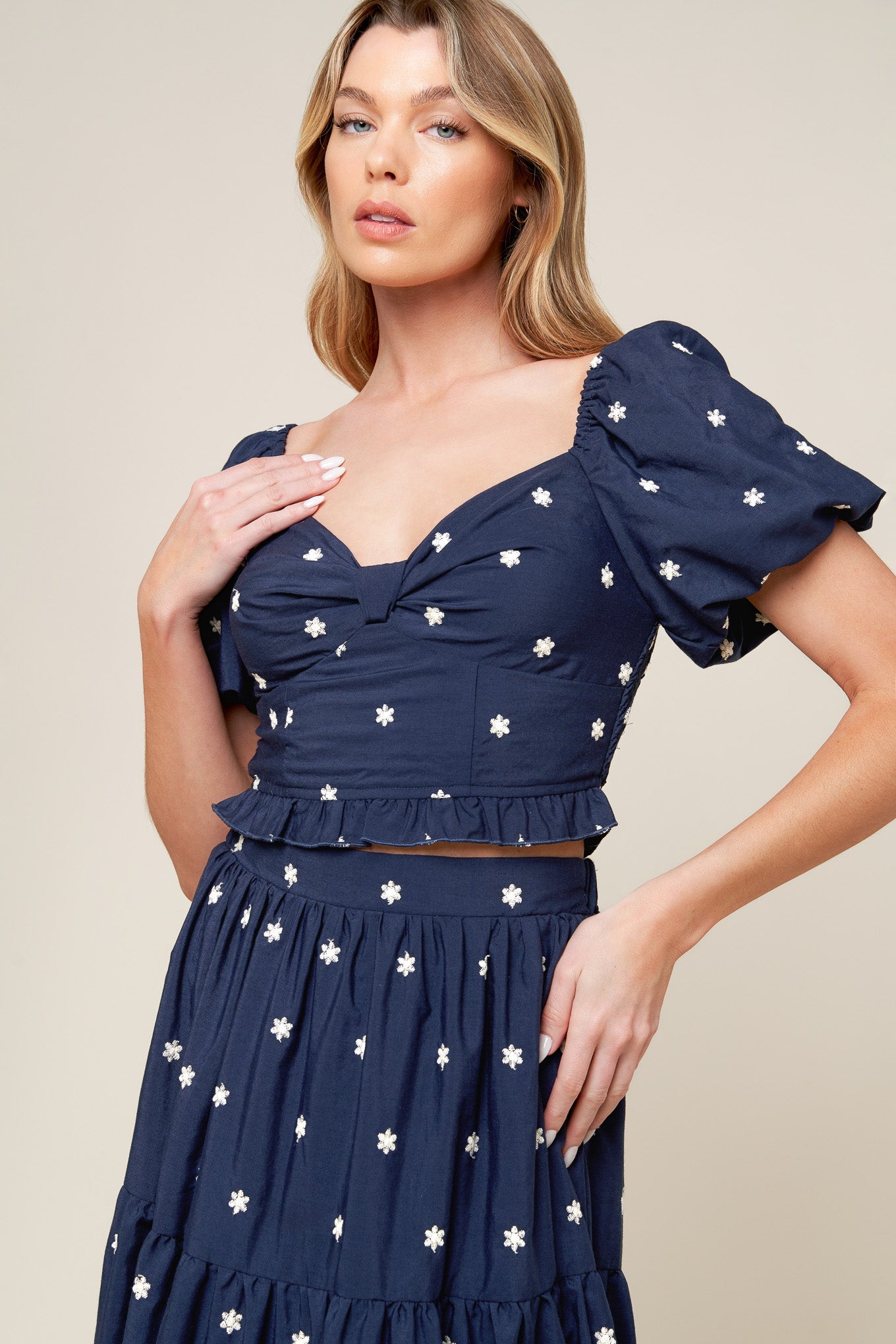 Bebe Alert Navy Embroidered Woven Top With Sweetheart