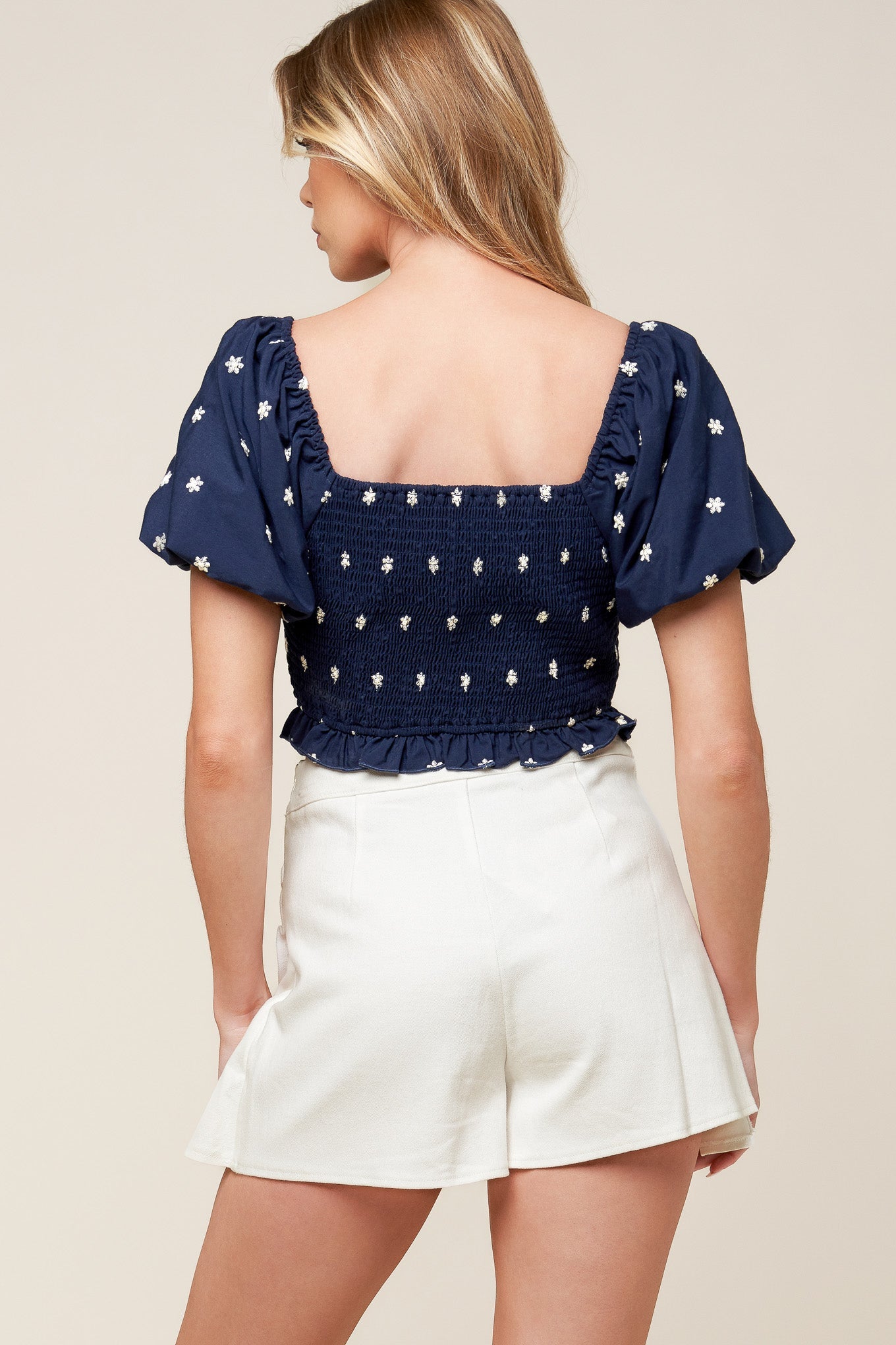 Bebe Alert Navy Embroidered Woven Top With Sweetheart
