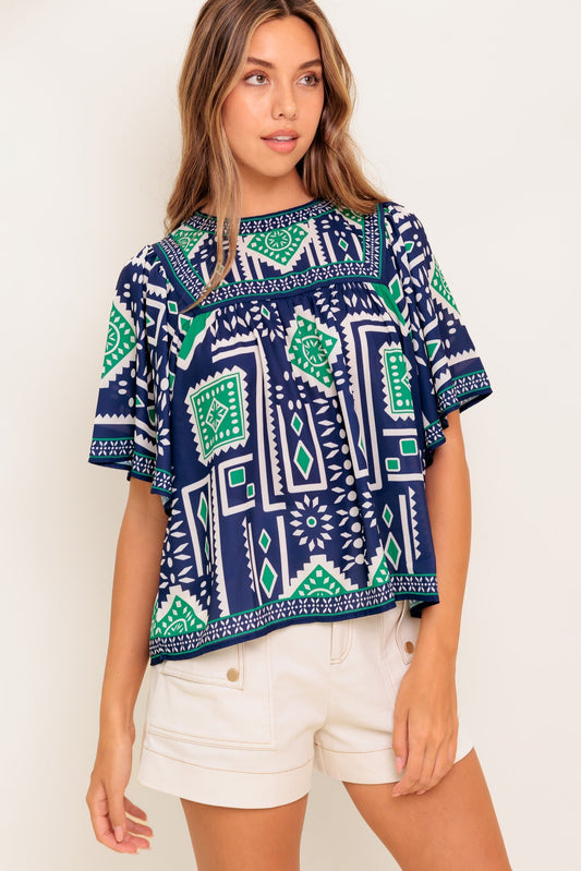 TILE ESCAPE EMBROIDERED WOVEN TOP Flying Tomato