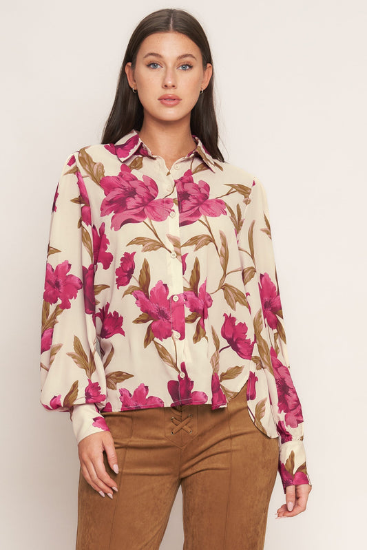 Rosewood Retro Woven Top Front Button Down Long Sleeve Flying Tomato