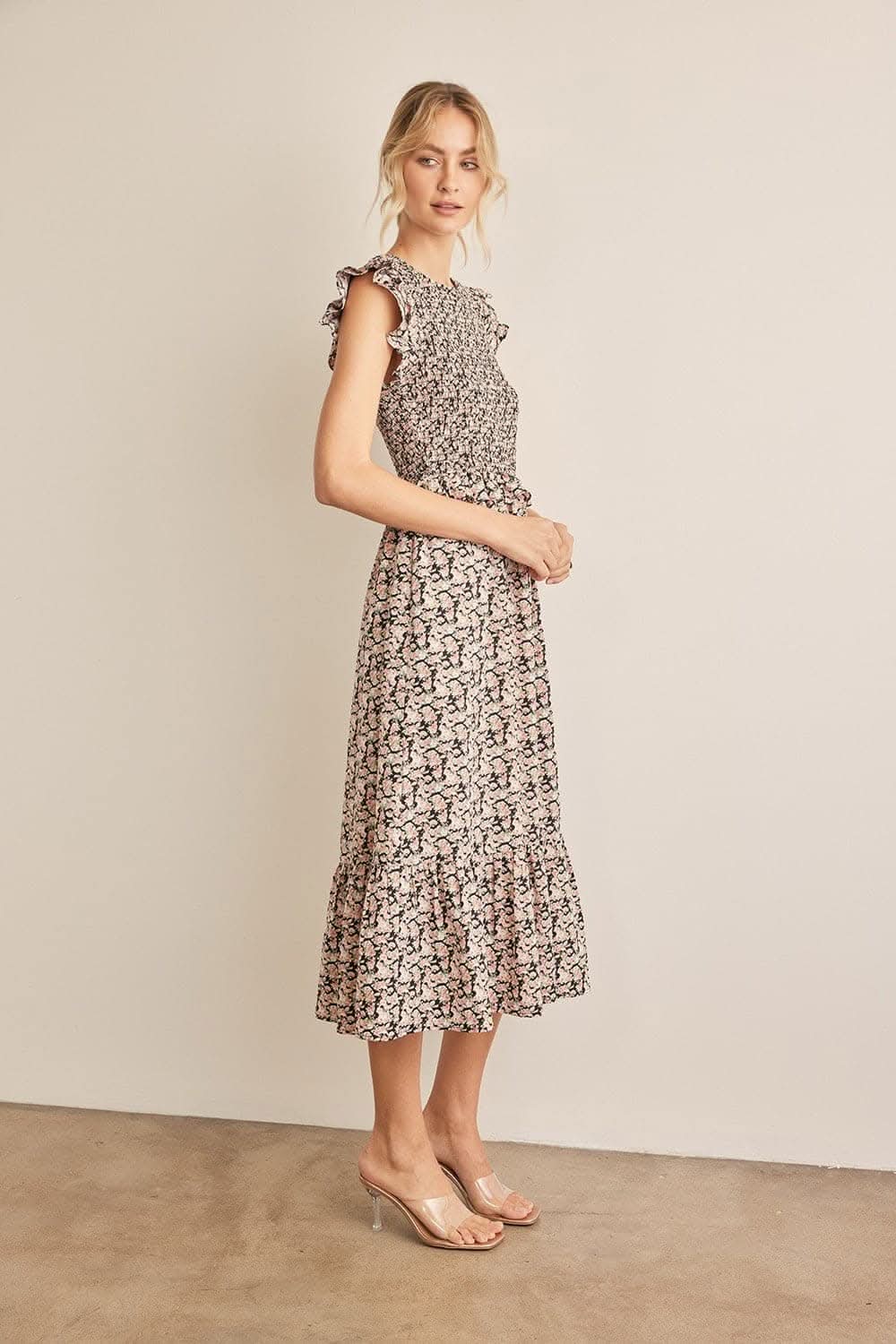 In February Floral Smocked Ruffled Midi Dress Elegance - Love Salve