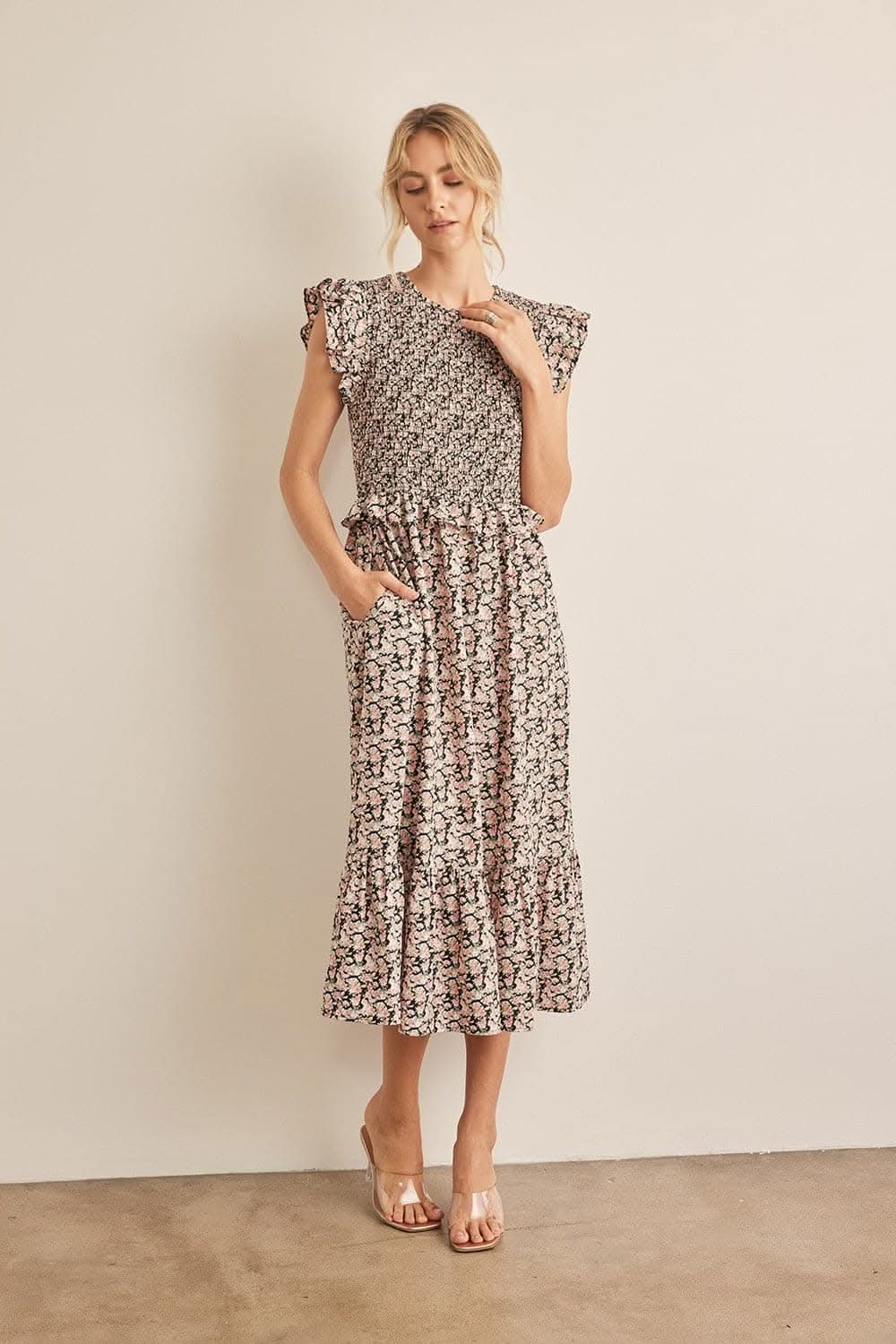 In February Floral Smocked Ruffled Midi Dress Elegance - Love Salve
