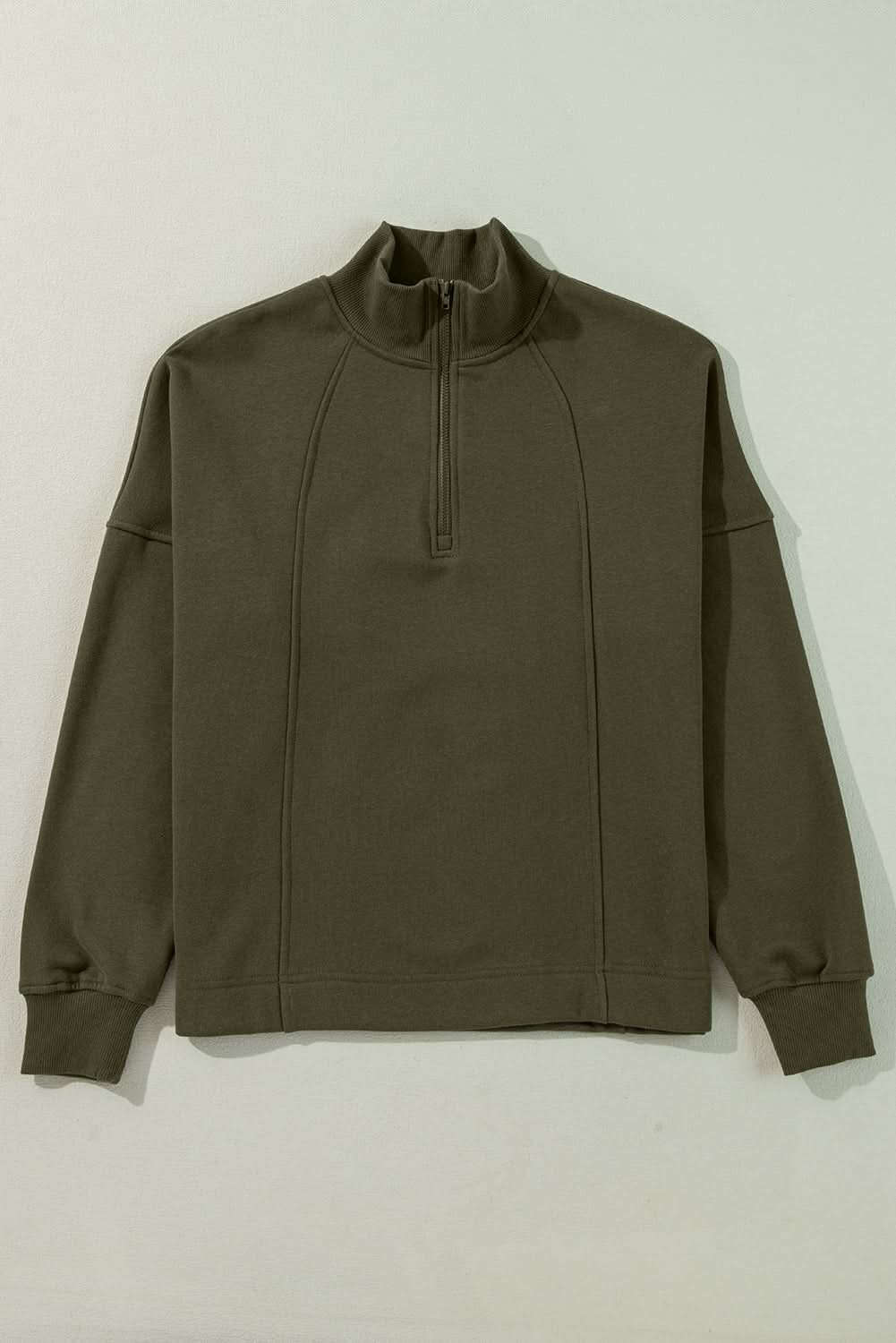 Jungle Green Zipped Neck Pullover Drop Shoulder Sweatshirt - Love Salve