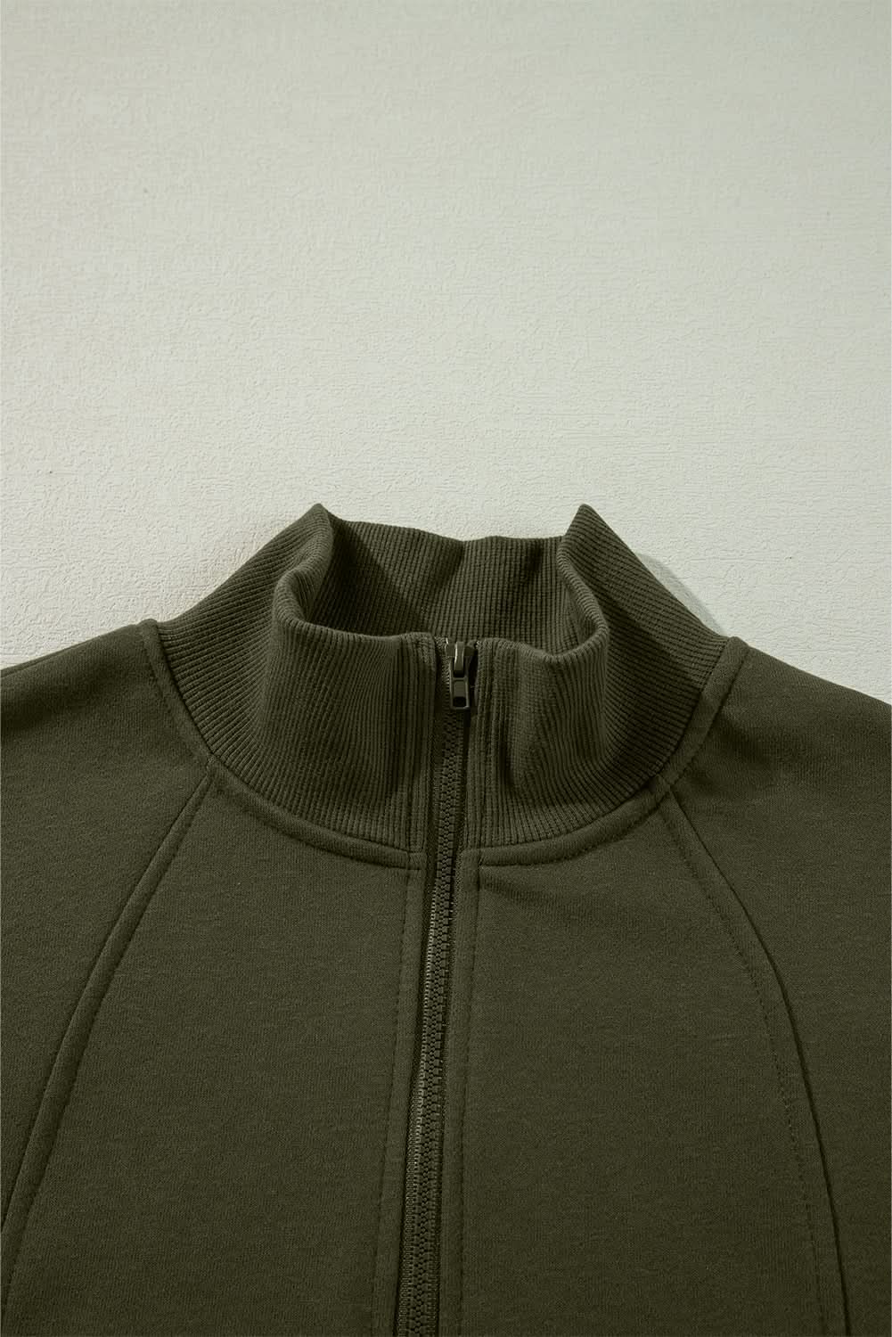 Jungle Green Zipped Neck Pullover Drop Shoulder Sweatshirt - Love Salve