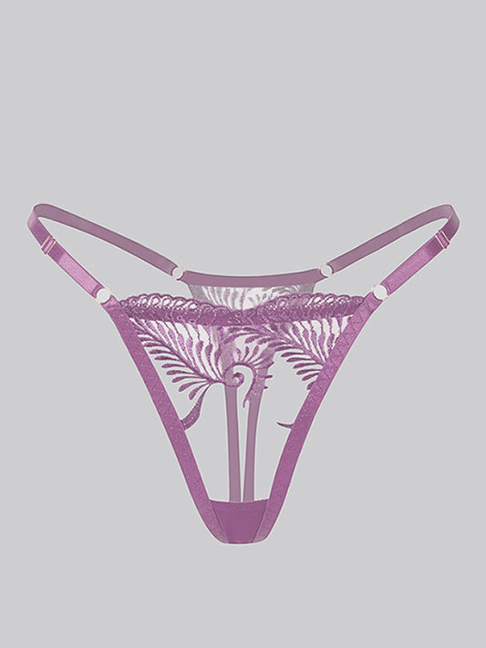 Purple Embroidery Adjustable Lace Thong Floral Design Hello.LA.Girl